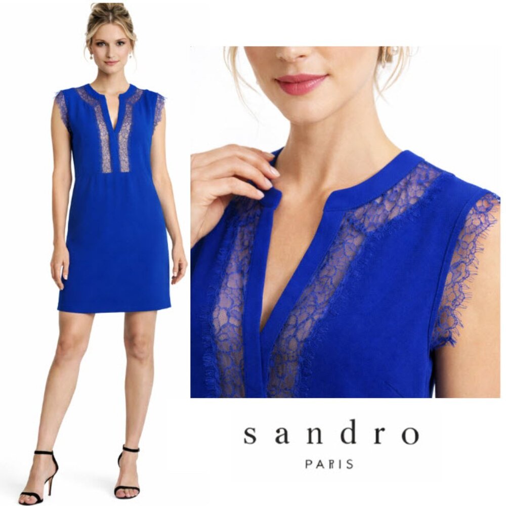 Sandro Paris Blue Lace Dress sleeveless size 2 medium V Neck Evening Chic